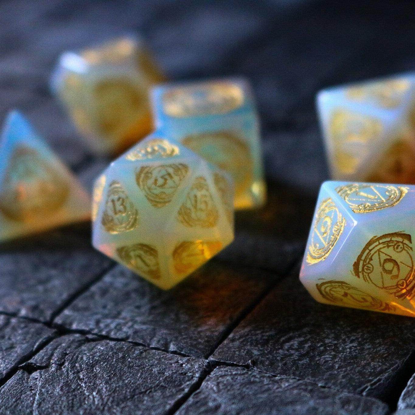 Mage Fury Gemstone Opalite Hand Carved DND Dice Set - Full Set And Free Dice Box