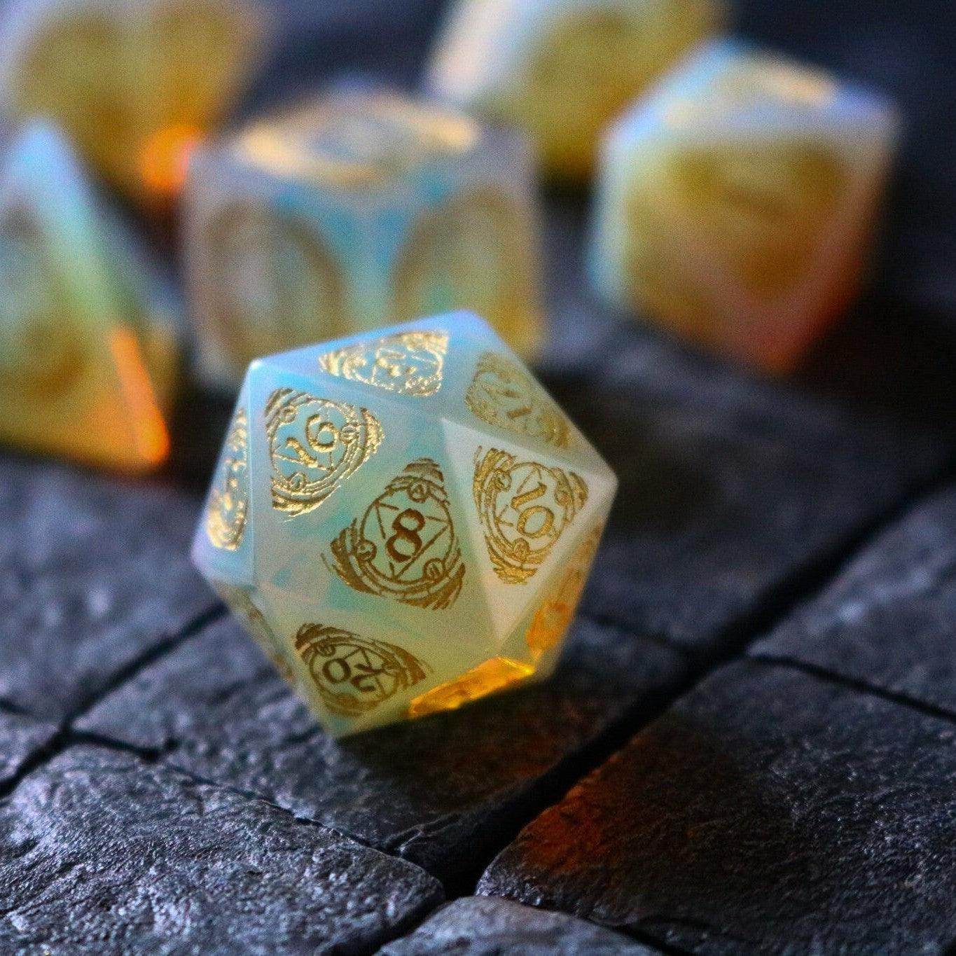 Mage Fury Gemstone Opalite Hand Carved DND Dice Set - Full Set And Free Dice Box