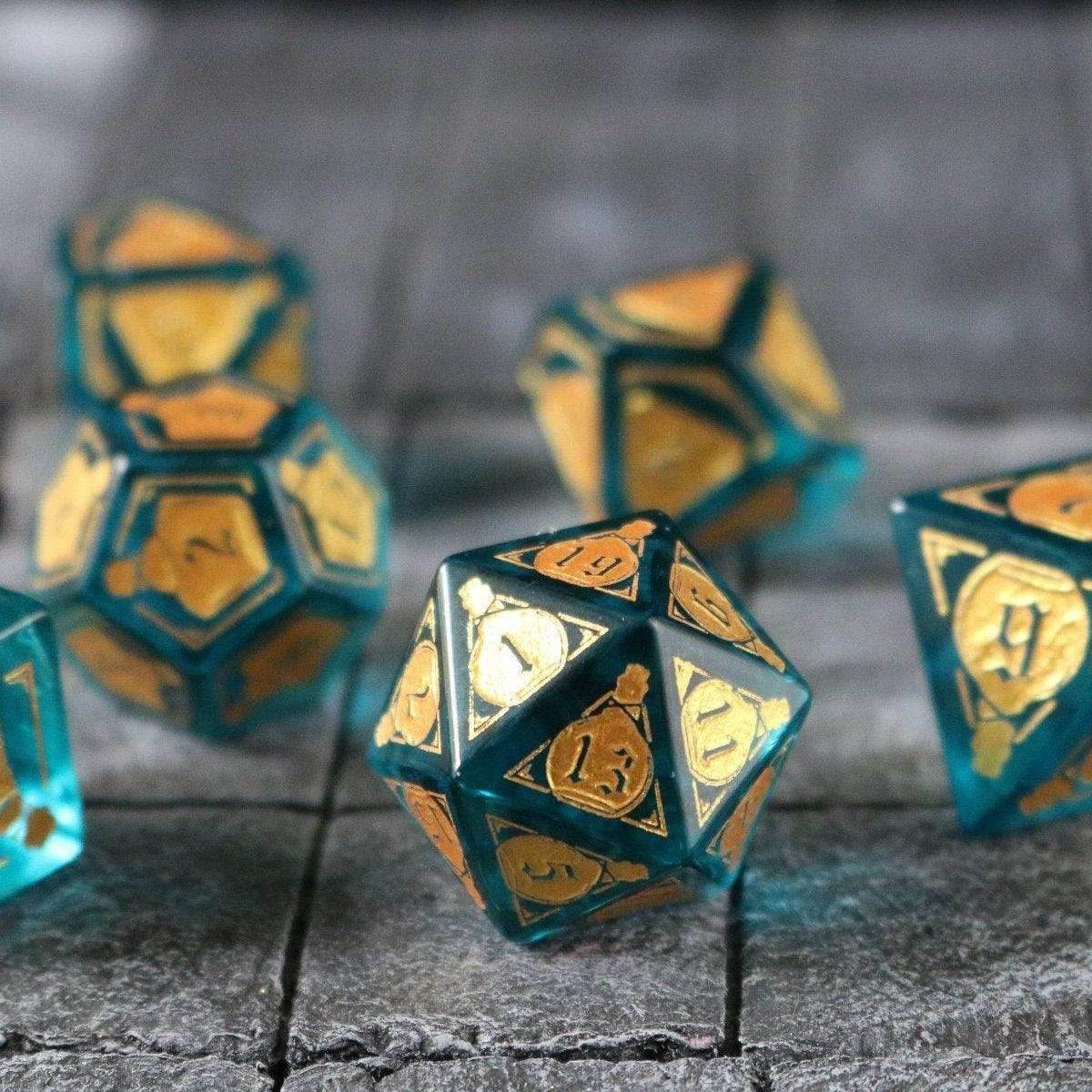 Mana Potion Blue Zircon Glass DND Dice Set - Full Set And Free Dice Box