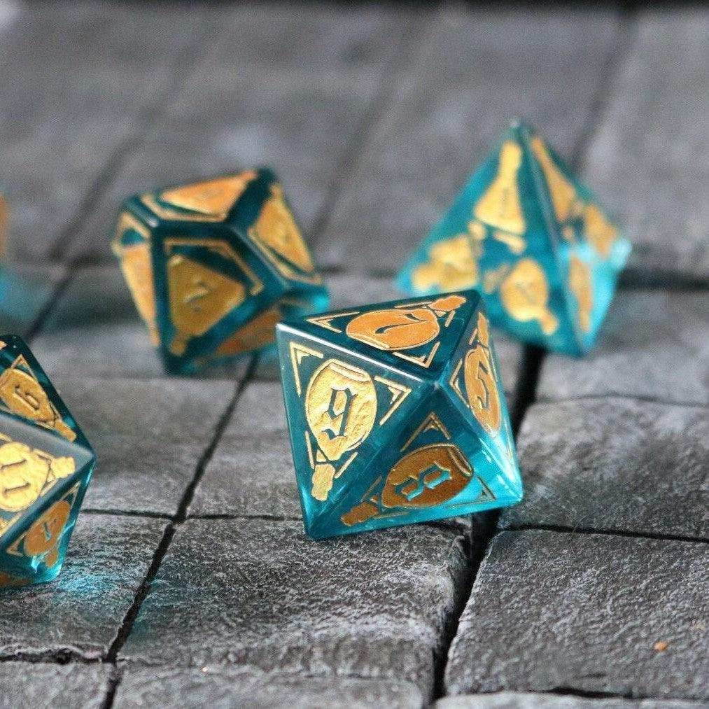 Mana Potion Blue Zircon Glass DND Dice Set - Full Set And Free Dice Box