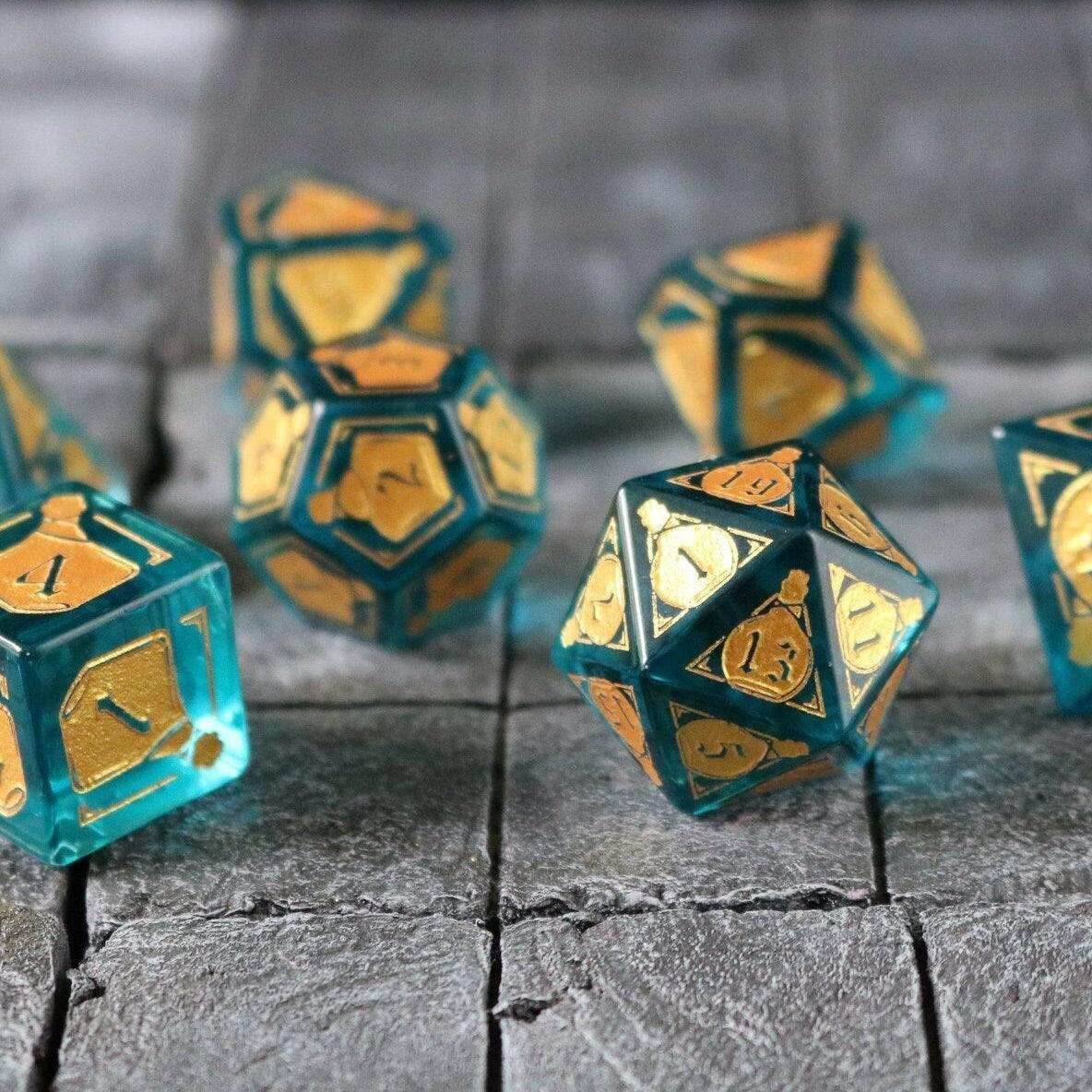 Mana Potion Blue Zircon Glass DND Dice Set - Full Set And Free Dice Box