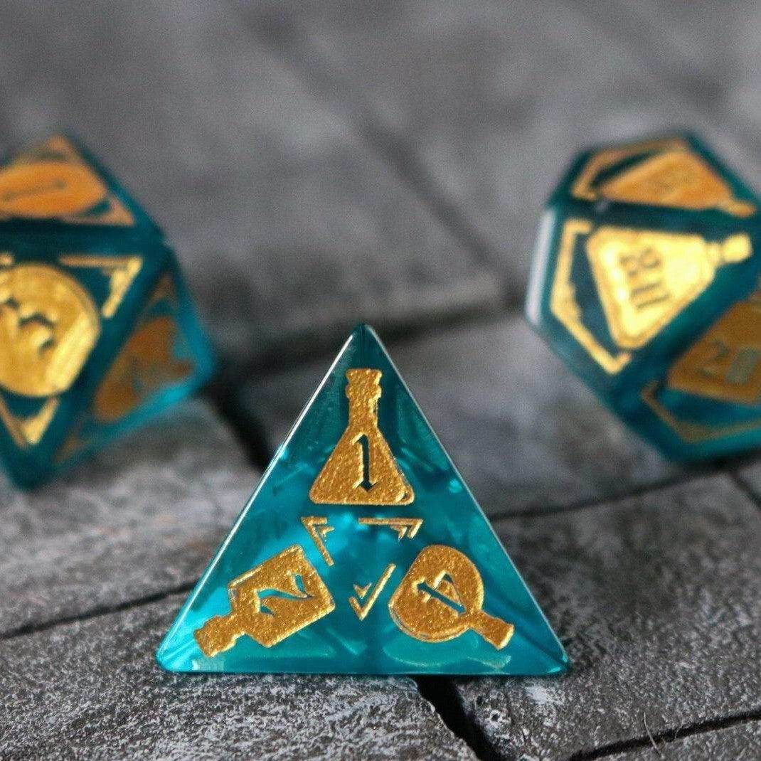 Mana Potion Blue Zircon Glass DND Dice Set - Full Set And Free Dice Box