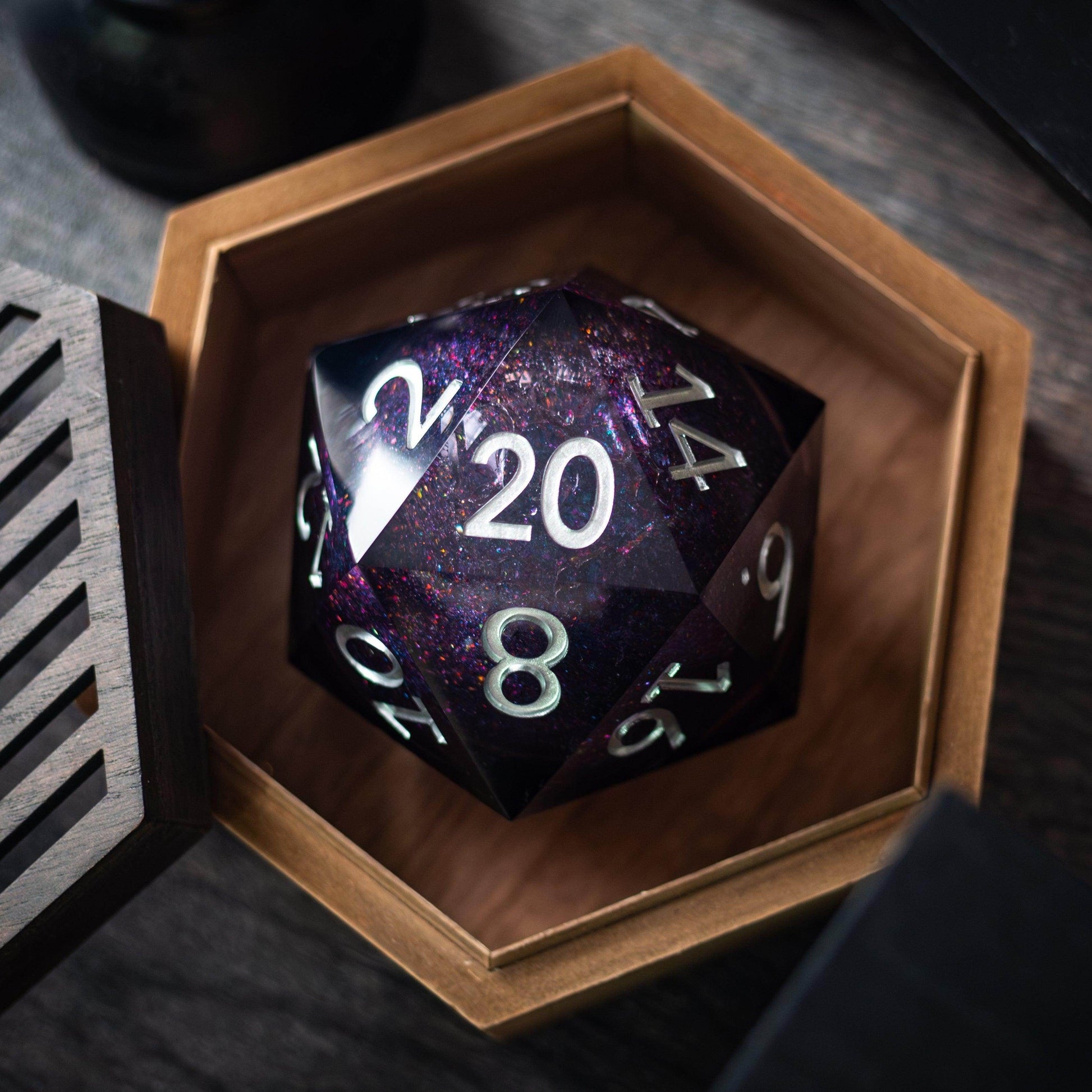 Massive Black Rainbow Glitter Liquid Core 95MM Chonk Handmade Resin Dice And Box - Only 1 D20