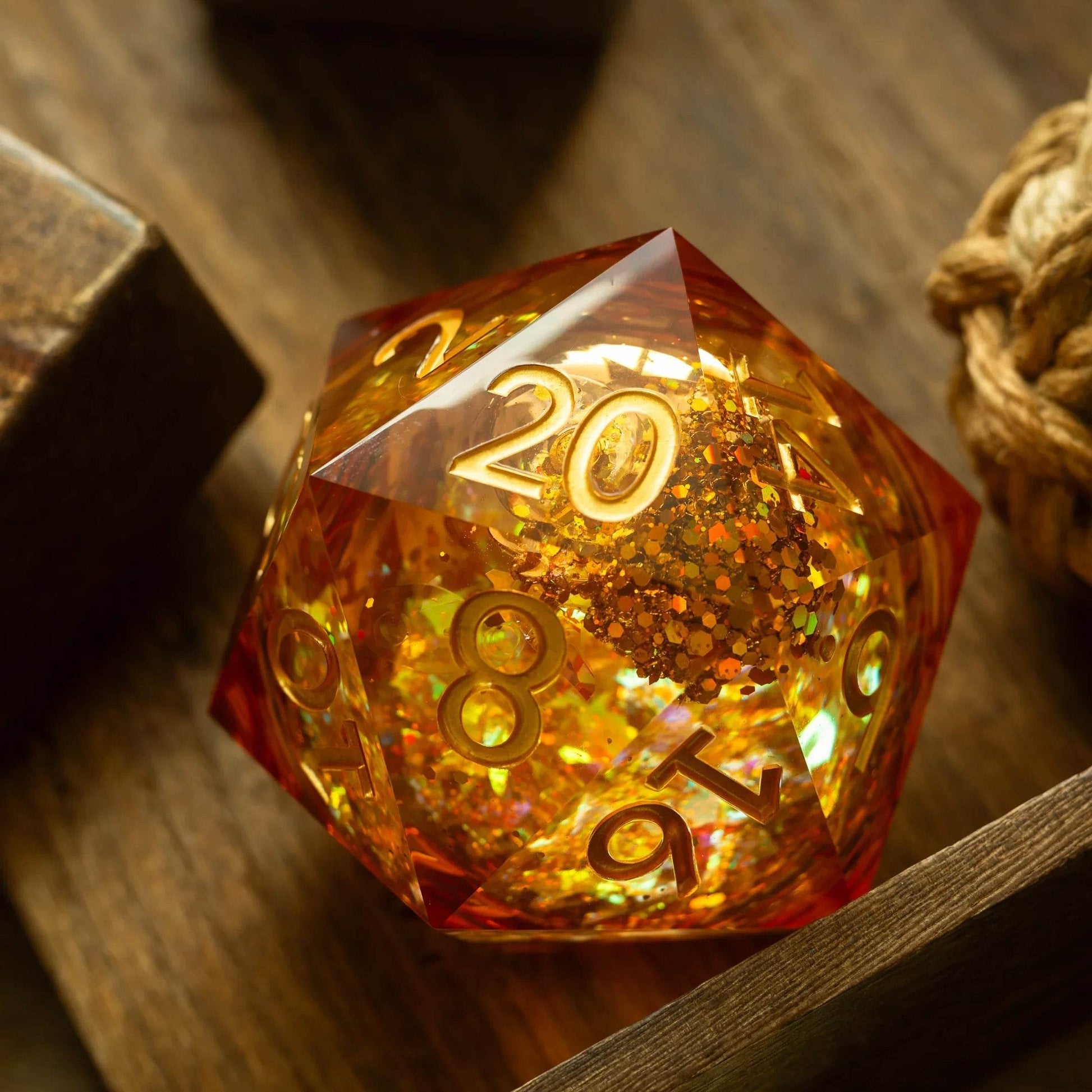Massive Gold And Glitter Fireball Liquid Core 95MM Chonk Handmade Resin Dice And Box - Only 1 D20