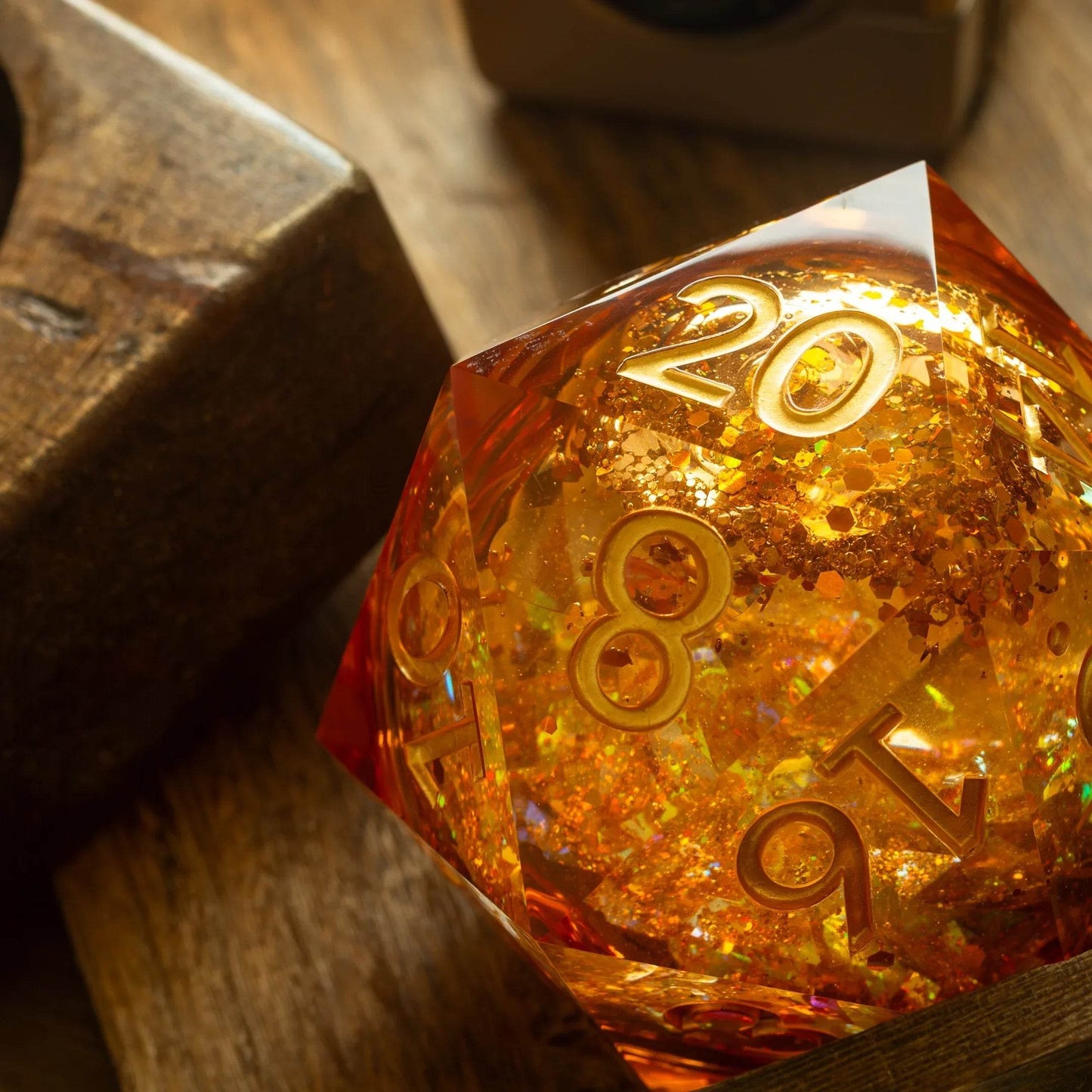 Massive Gold And Glitter Fireball Liquid Core 95MM Chonk Handmade Resin Dice And Box - Only 1 D20