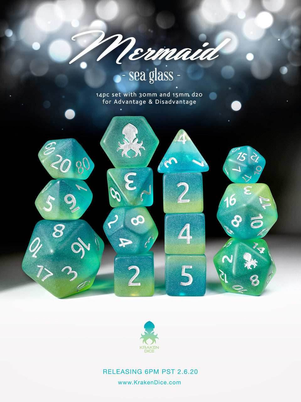 Kraken Dice Sea Glass 14 pc Dice Set - Mermaid with Silver Ink