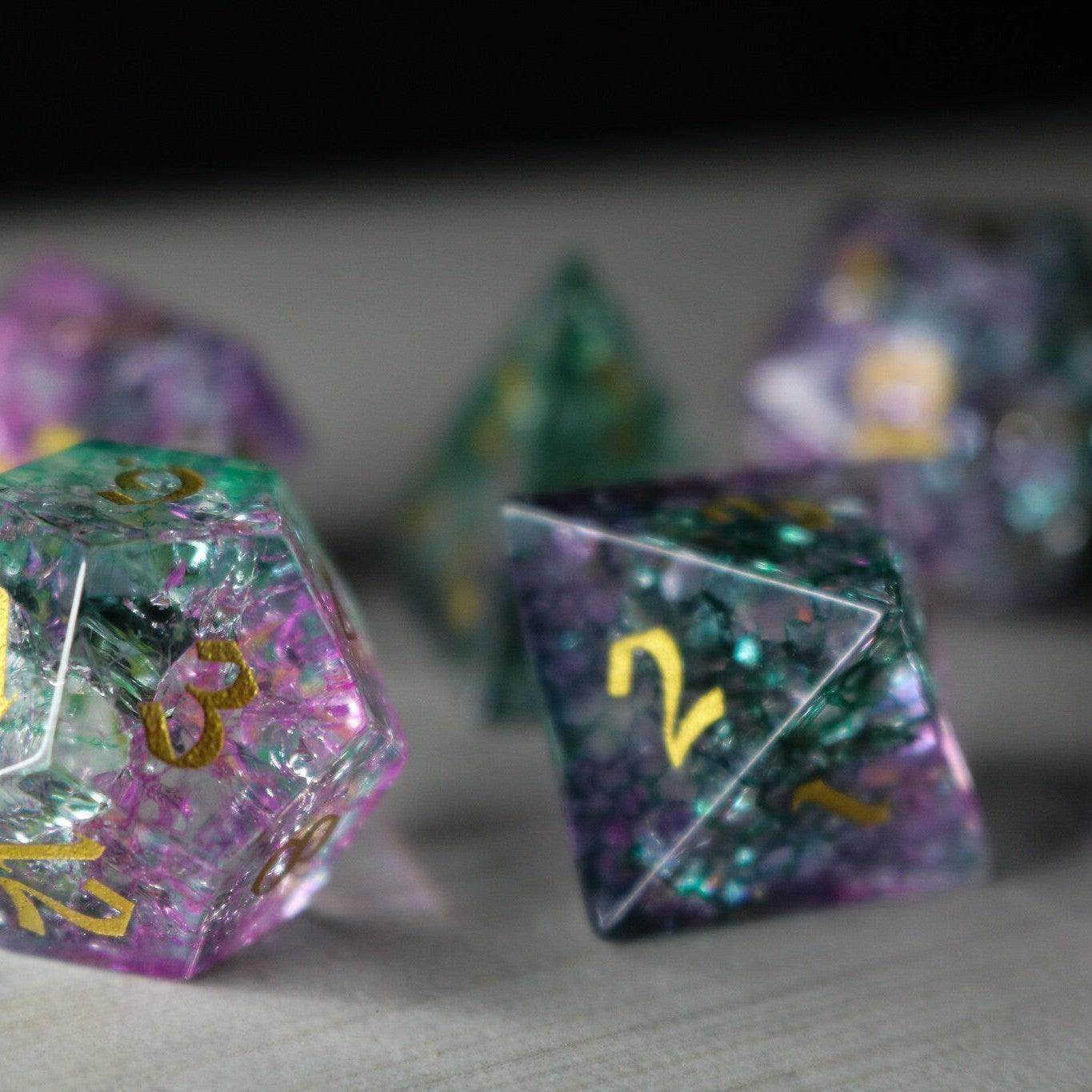 Moon Gate Purple Forge Fire Glass DND Dice Set - Full Set And Free Dice Box