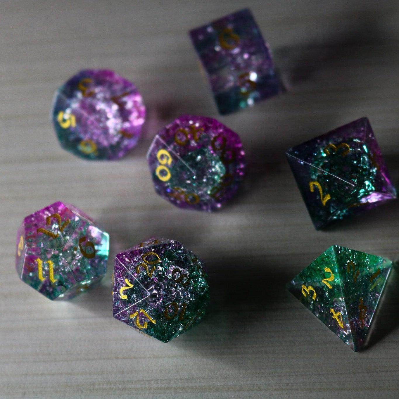 Moon Gate Purple Forge Fire Glass DND Dice Set - Full Set And Free Dice Box