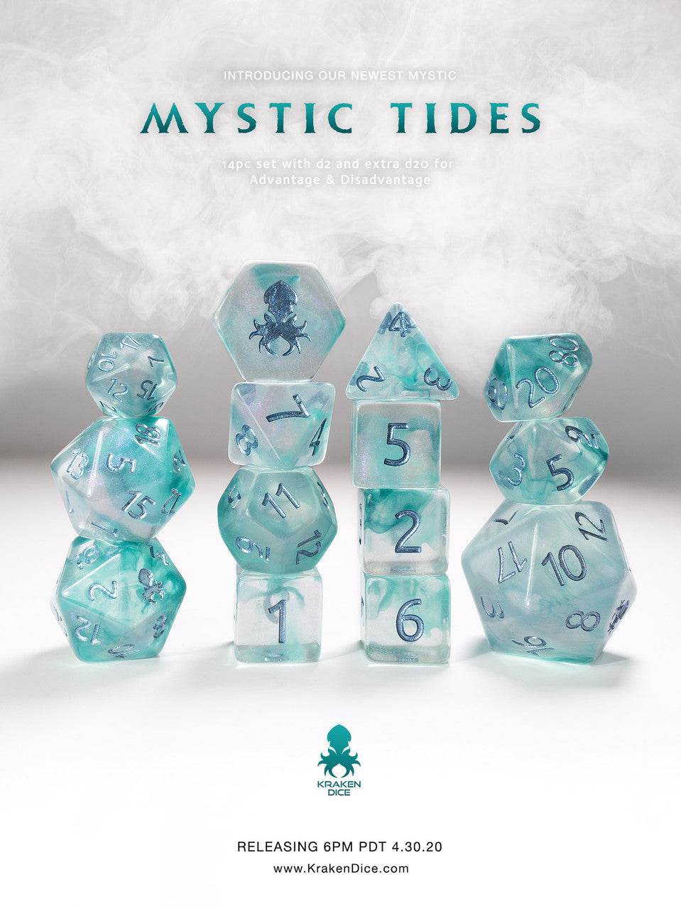Kraken Dice Mystic 14pc Polyhedral Dice Set - Mystic Tides with Metallic Blue Ink
