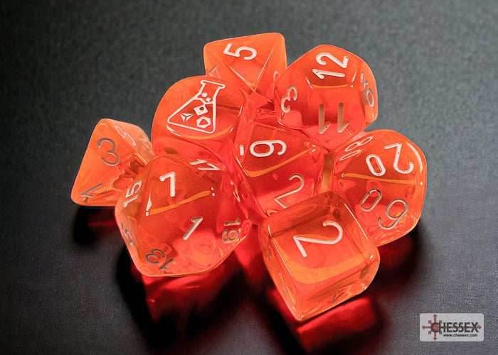 Translucent Polyhedral Neon Orange/white 7-Die Set (with bonus die) - 