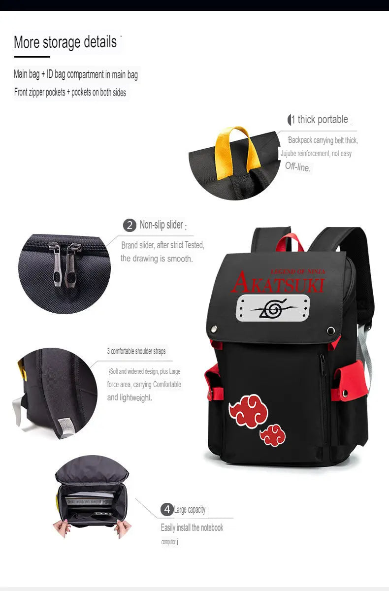 Naruto Anime Backpack, Includes Pencil Case and External Charging Port, Uzumaki Akatsuki School Students Schoolbag Leisure Computer Bag