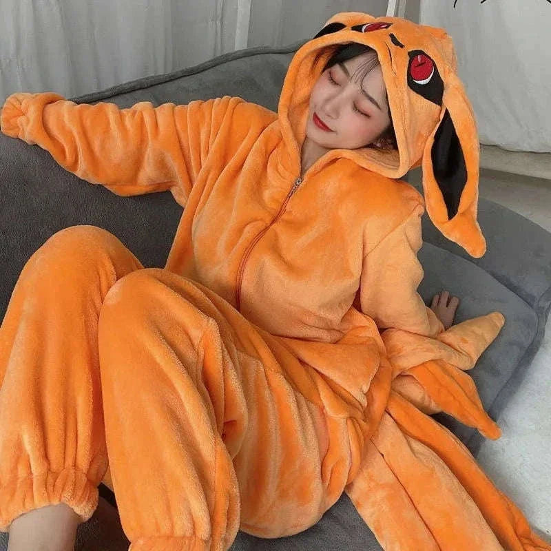 Naruto Shippuden Kurama Kyuubi Fox Cosplay Costume Kigurumi Adult Unisex Anime Pajamas Flannel Jumpsuit Sleepwear Onesies
