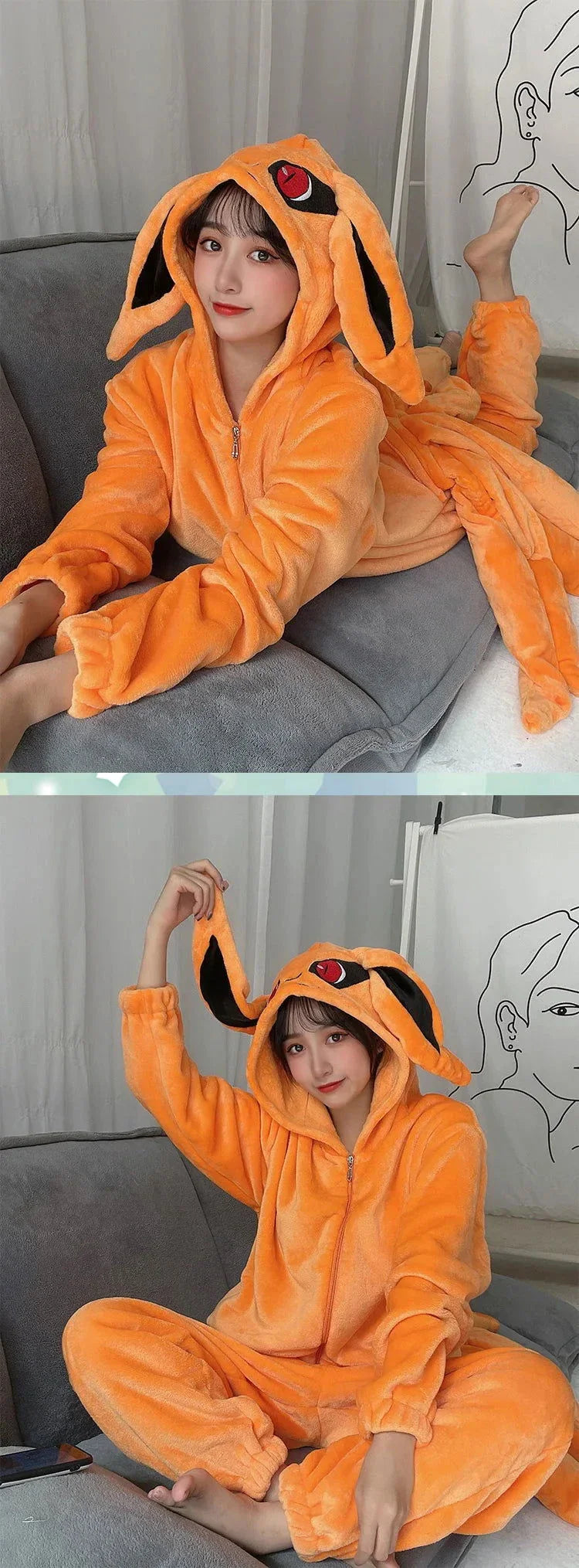 Naruto Shippuden Kurama Kyuubi Fox Cosplay Costume Kigurumi Adult Unisex Anime Pajamas Flannel Jumpsuit Sleepwear Onesies