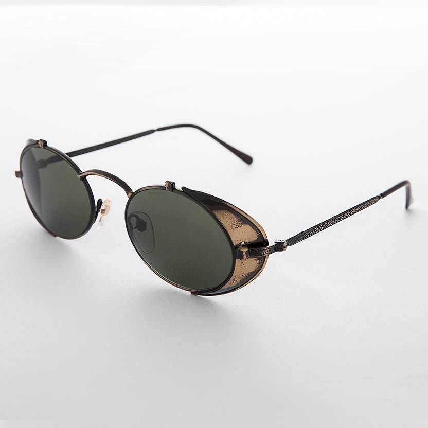 Steampunk Goggle Sunglass with Side Shields Vintage - Orson - Antique Bronze / Green Lens