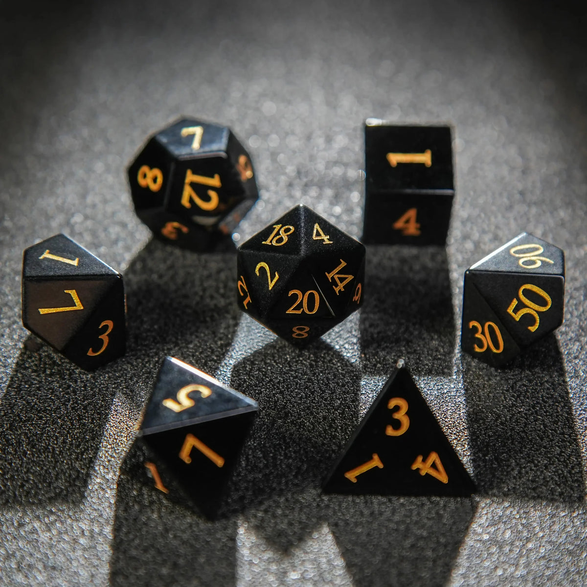 Obsidian D&D Gemstone Dice Set + Gold Numbers