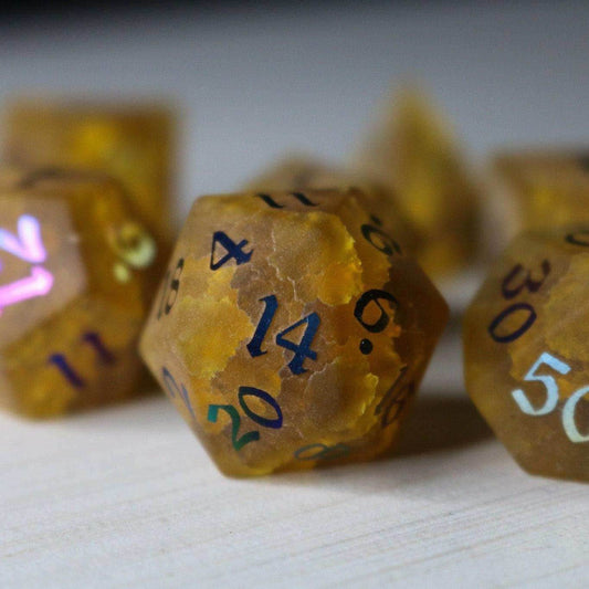 Orange Halloween Pumpkin Inked Lightning Cracked Glass DND Dice Set - Full Set And Free Dice Box