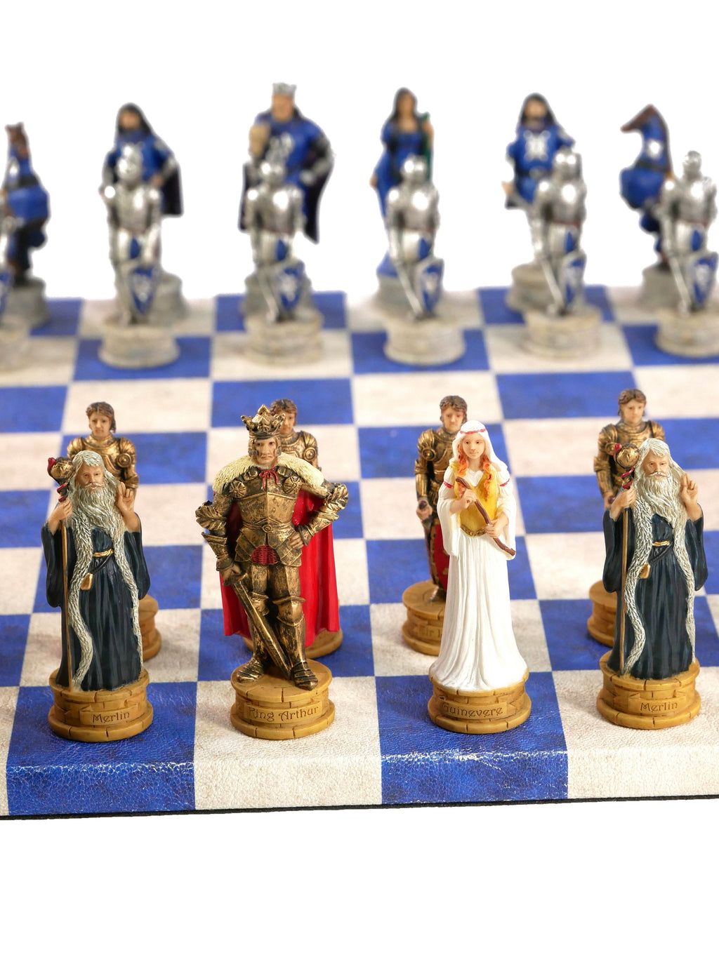 Chess Set - King Arthur Resin Chessmen on Blue & Cream Faux Leatherette Chess Board - 