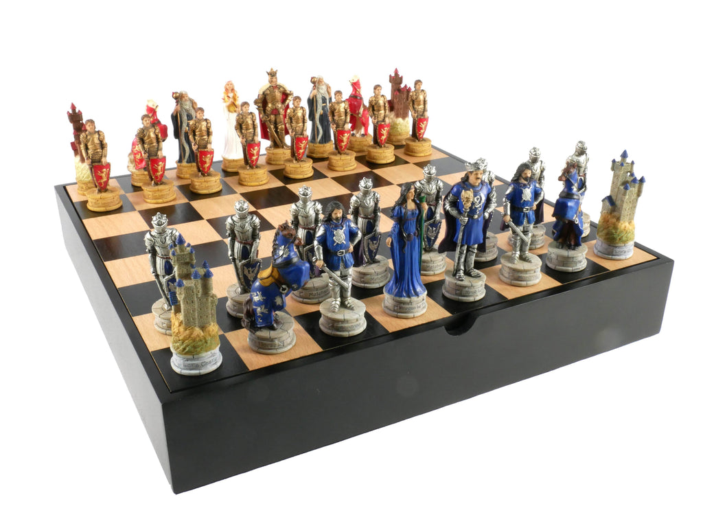 Chess Set - King Arthur Resin Chessmen in Black/Maple Chest - 