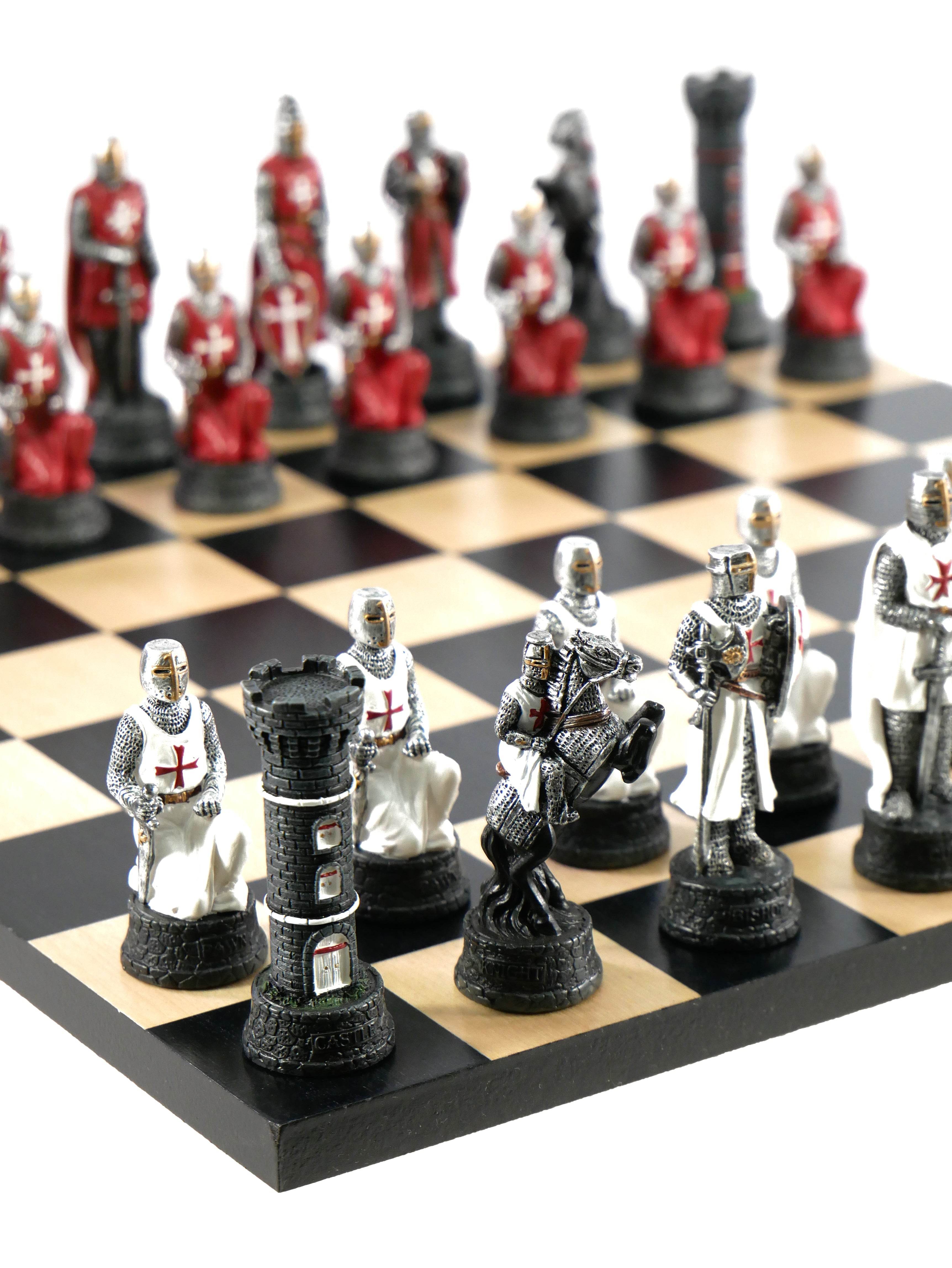Chess Set - Crusades Resin Chessmen on Black/Maple Maple Chess Board - 