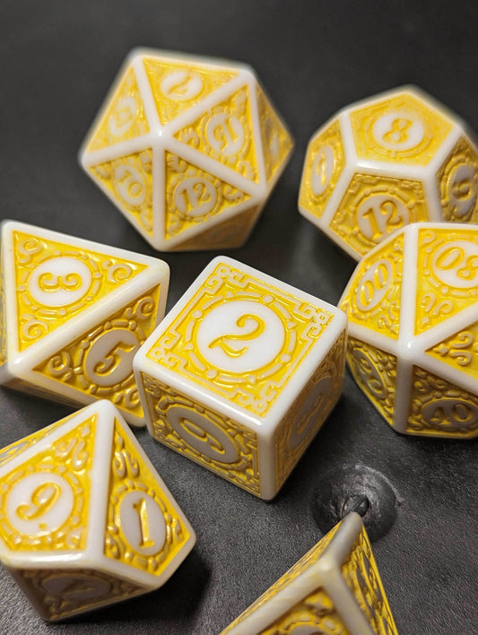 White & Yellow Magic Flame 7-Dice Set DND RPG Dice Yellow Color Fill - 
