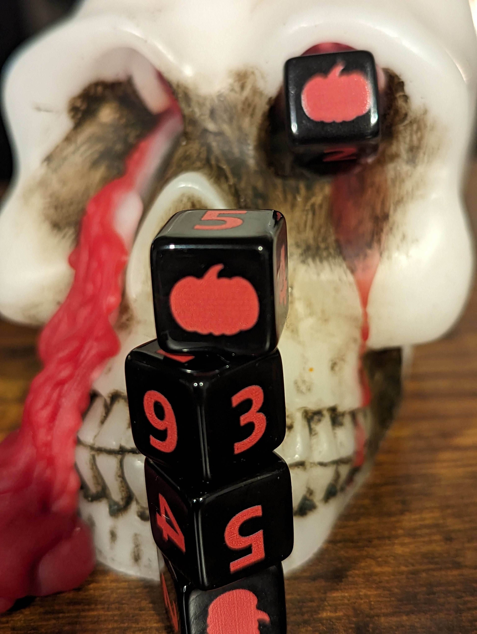Pumpkin Harvest D6 Dice | Black Dice with Orange Numbers and Pumpkins (sold per die) - 1 Die