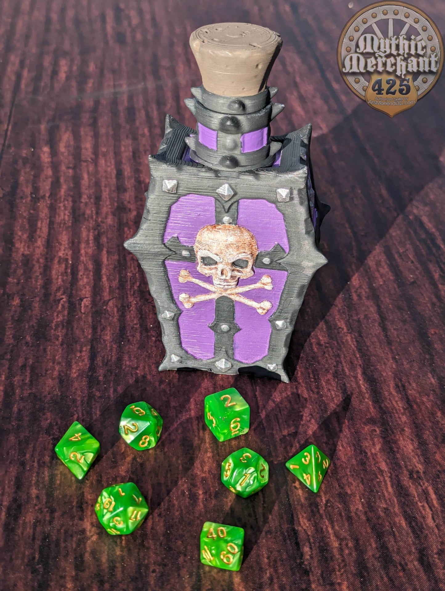 Poison Potion 3D Printed Dice Jail | RPG Dice Vault | D20 Storage Box | Player Gift - Safeguard Dice with a Lethal Elegance! - Black / Yes- Include Random Dice Set