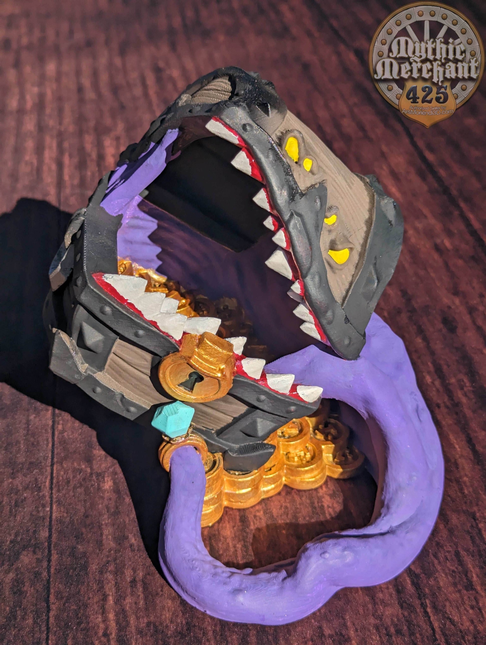 Mimic Treasure Chest 3D Printed Dice Tower - Mythic Mugs Collection by Ars Moriendi 3D| Dice Tray | D20 Dice Vault - Unleash the Mimic Magic - Black / Yes- Include Random Dice Set