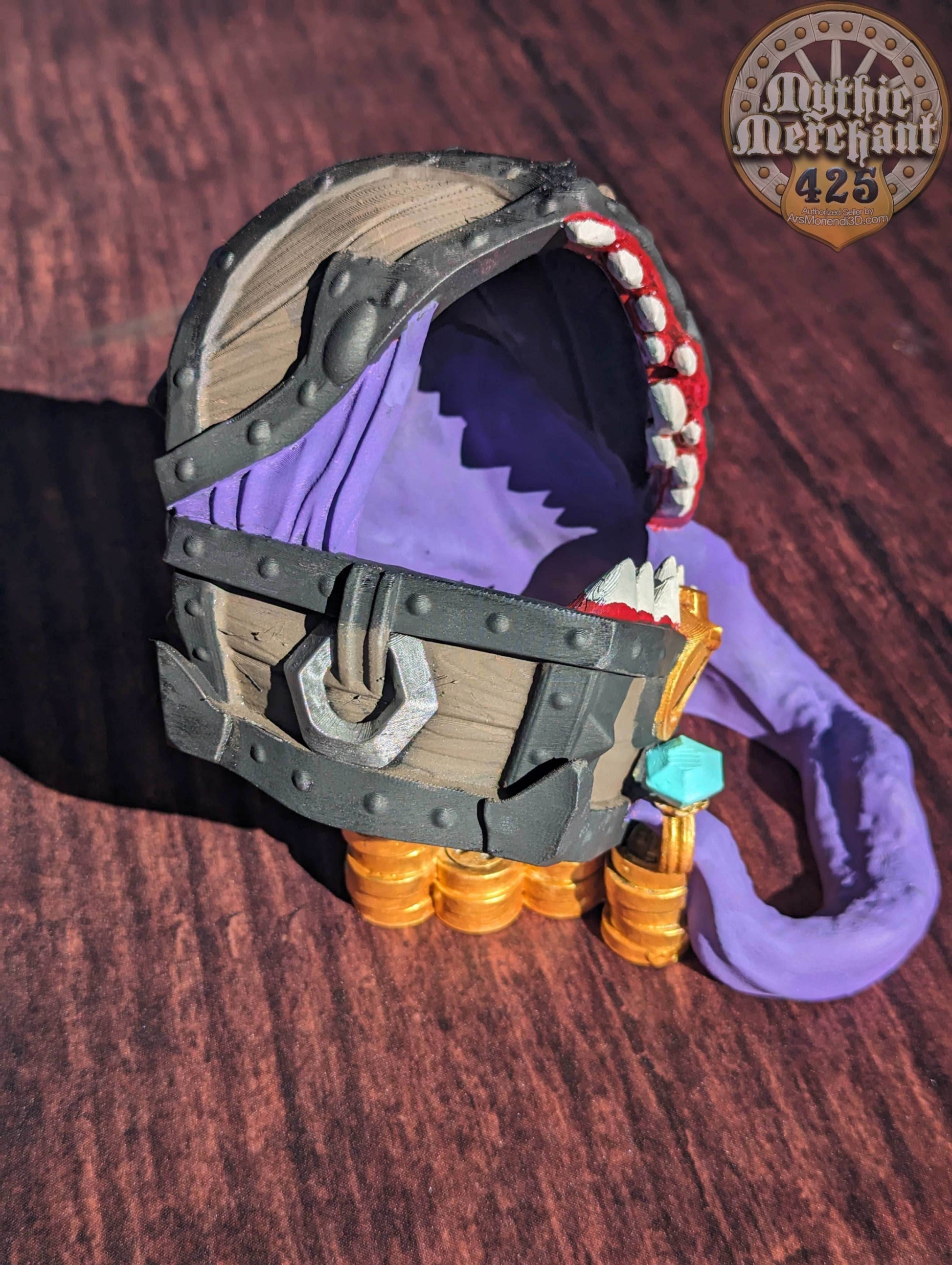 Mimic Treasure Chest 3D Printed Dice Tower - Mythic Mugs Collection by Ars Moriendi 3D| Dice Tray | D20 Dice Vault - Unleash the Mimic Magic - Black / Yes- Include Random Dice Set