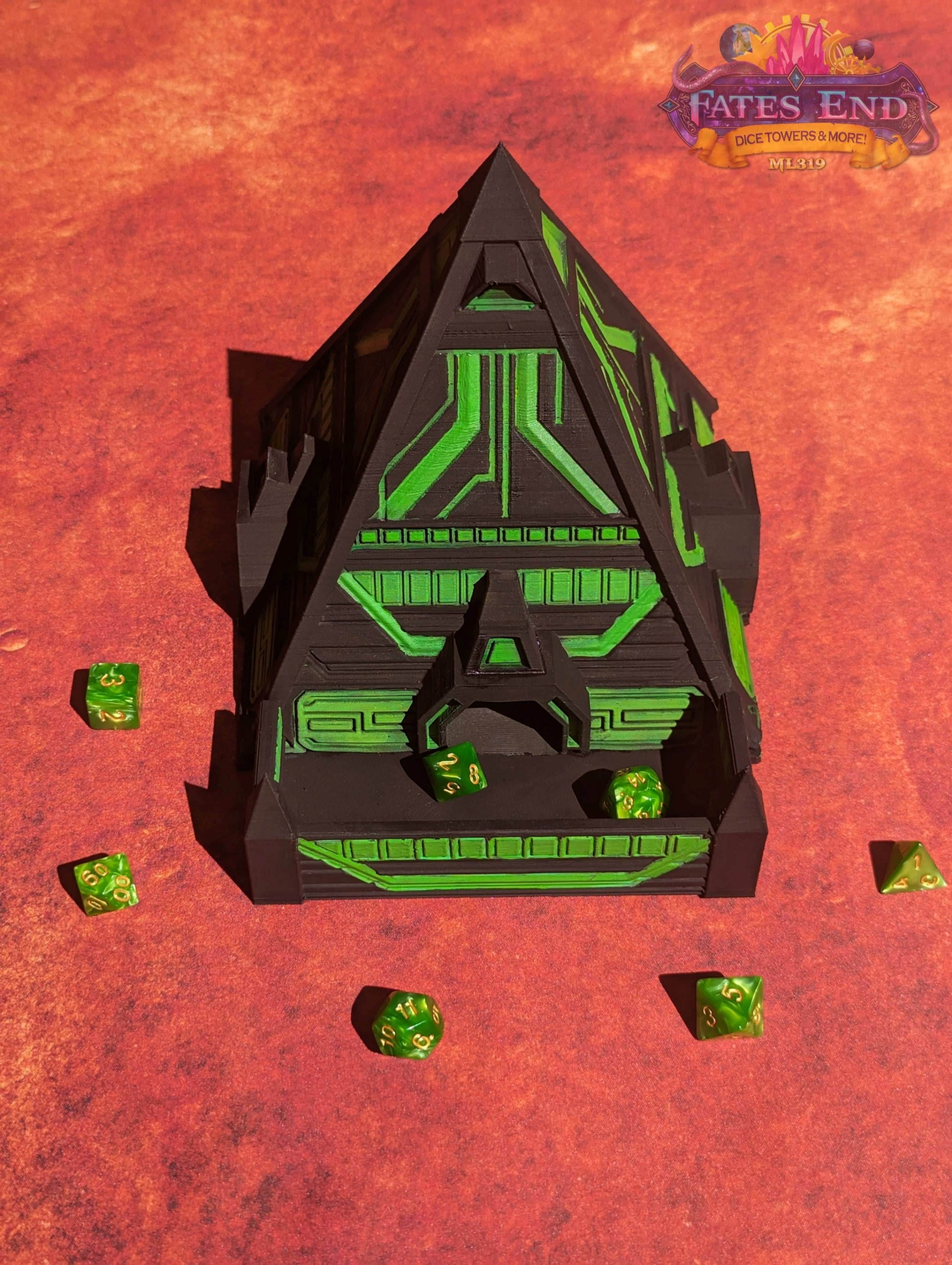 Alien Pyramid 3D Printed Dice Tower - Fate's End Collection - Channel Cosmic Mysteries with Each Ancient Roll! - Black / Yes- Include Random Dice Set