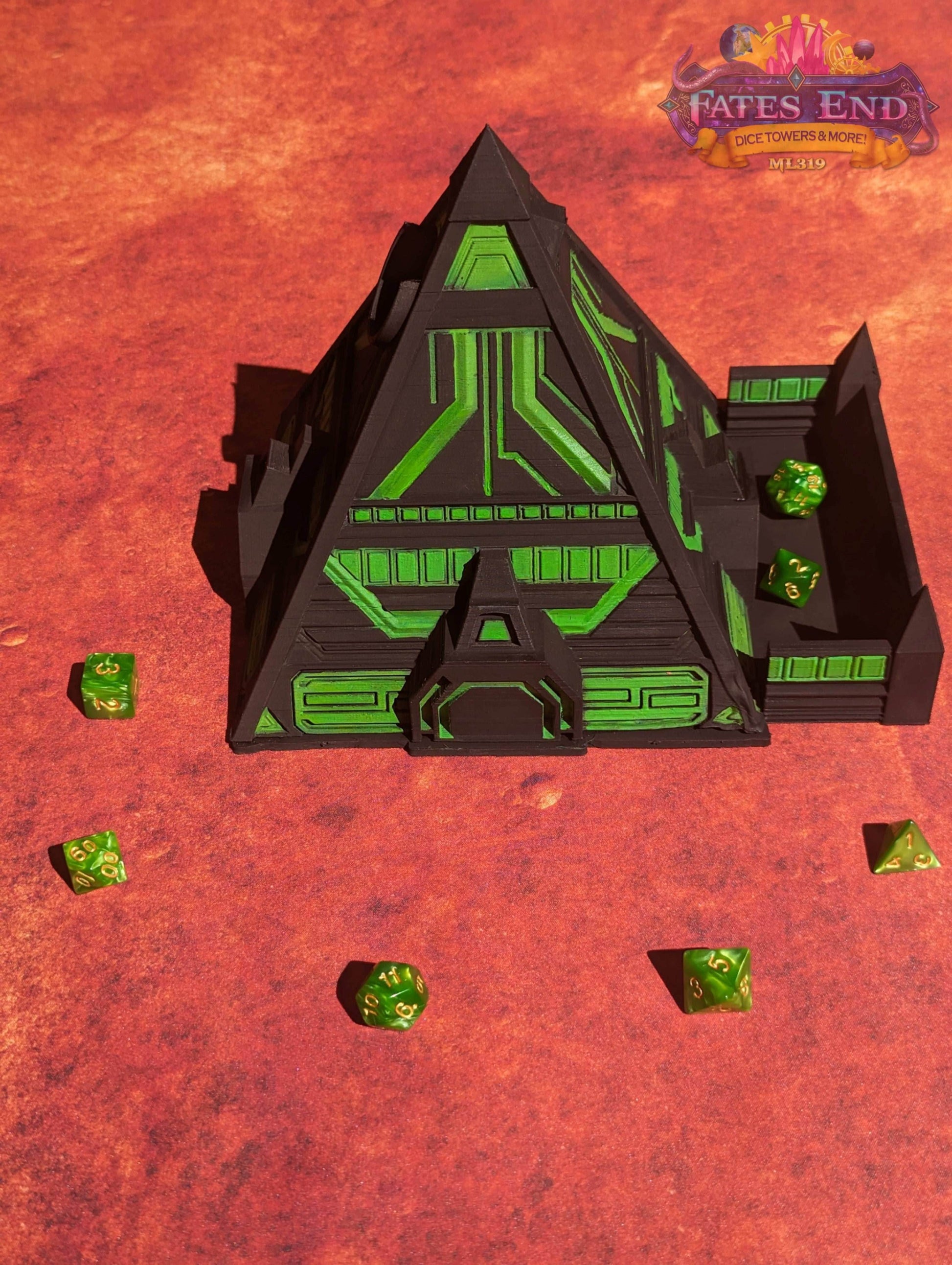 Alien Pyramid 3D Printed Dice Tower - Fate's End Collection - Channel Cosmic Mysteries with Each Ancient Roll! - Black / Yes- Include Random Dice Set