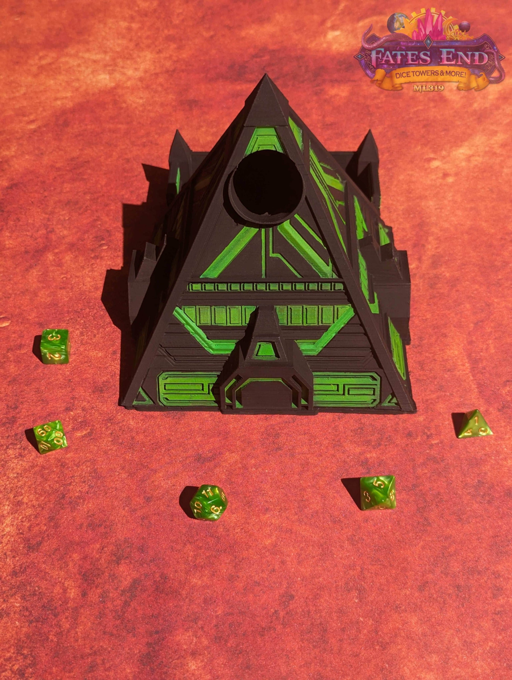 Alien Pyramid 3D Printed Dice Tower - Fate's End Collection - Channel Cosmic Mysteries with Each Ancient Roll! - Black / Yes- Include Random Dice Set