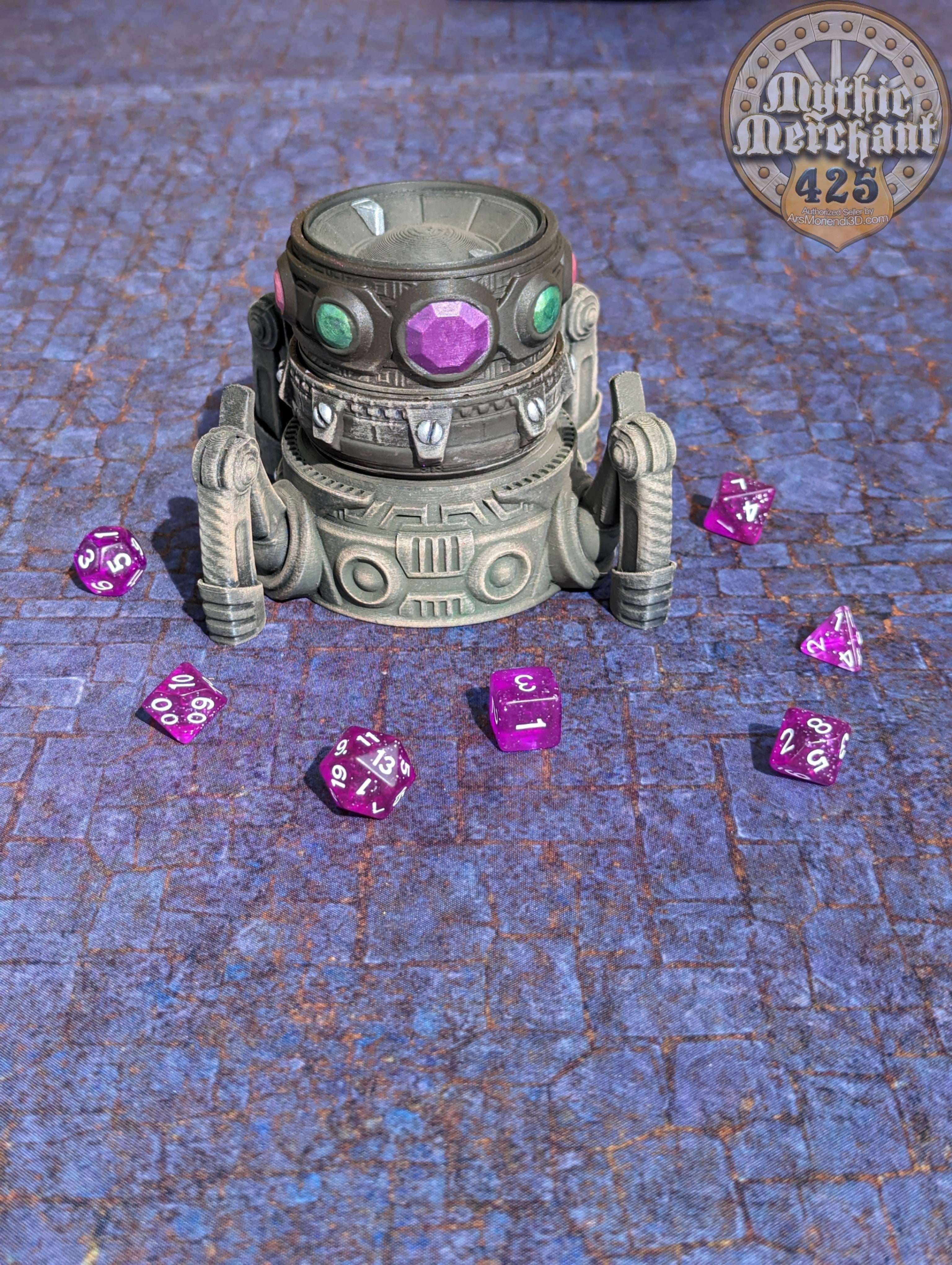 Artificer Class 3D Printed RPG Dice Jail | Dice Vault | D20 Dice Box | Steampunk Cosplay | Mythic Mugs- Rolling with Ingenious Style! - Black / Yes- Include Random Dice Set