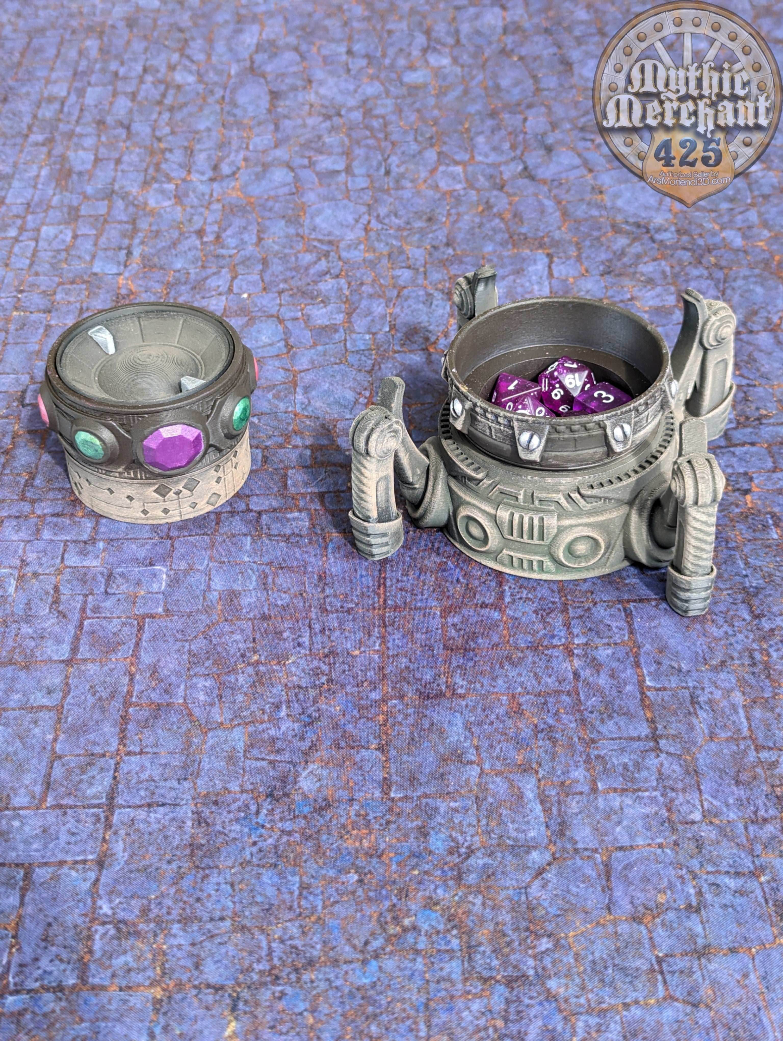 Artificer Class 3D Printed RPG Dice Jail | Dice Vault | D20 Dice Box | Steampunk Cosplay | Mythic Mugs- Rolling with Ingenious Style! - Black / Yes- Include Random Dice Set