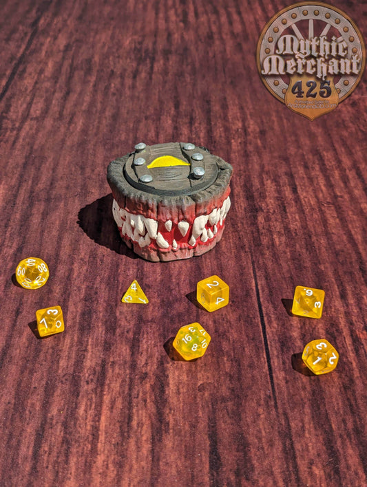 Mimic Monster 3D Printed Dice Jail | Dice Vault | Dice Storage Box | Tabletop Coaster | DnD Player Gift | Mythic Mugs by Ars Moriendi 3D - Black / Yes- Include Random Dice Set