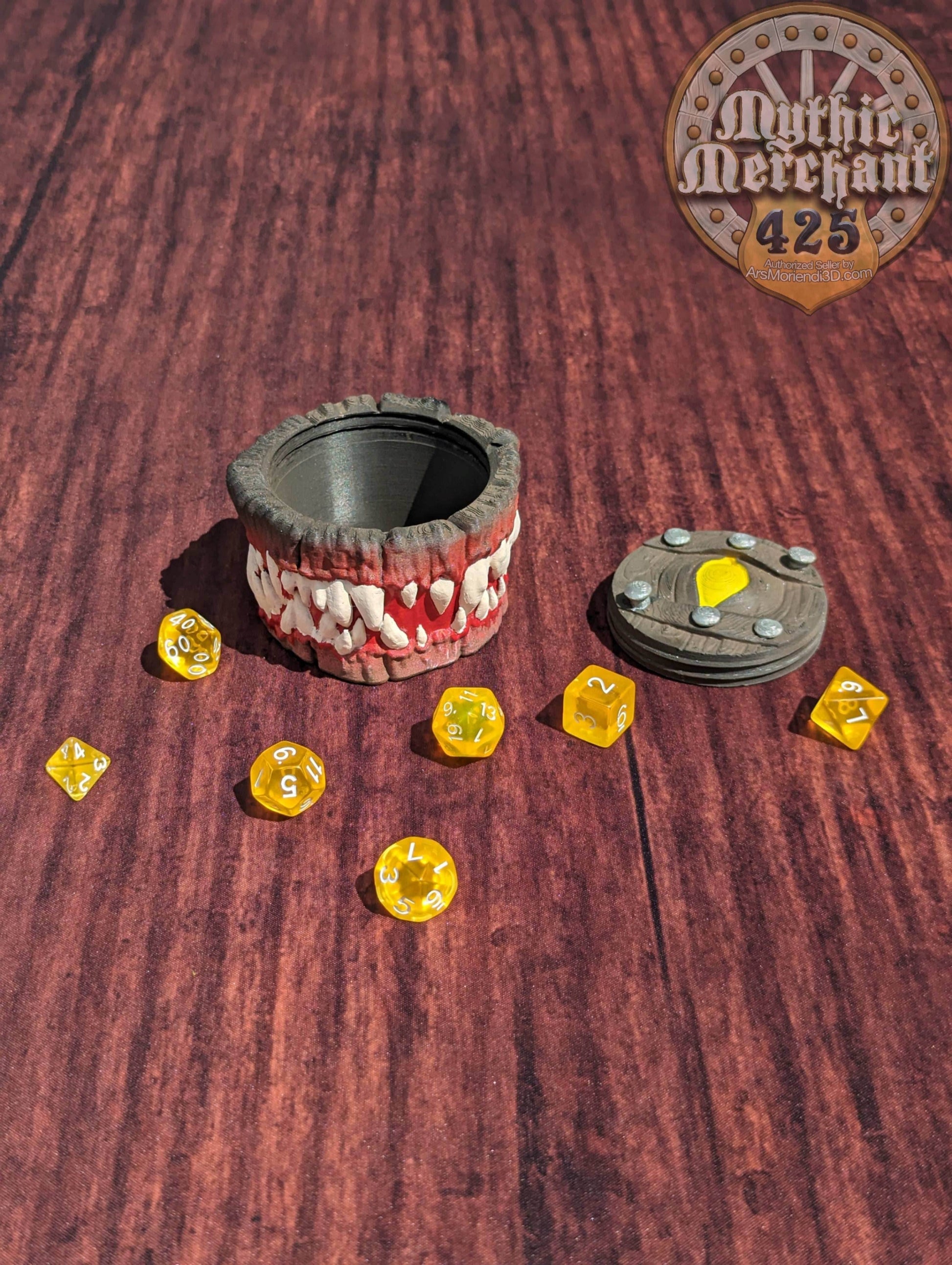 Mimic Monster 3D Printed Dice Jail | Dice Vault | Dice Storage Box | Tabletop Coaster | DnD Player Gift | Mythic Mugs by Ars Moriendi 3D - Black / Yes- Include Random Dice Set