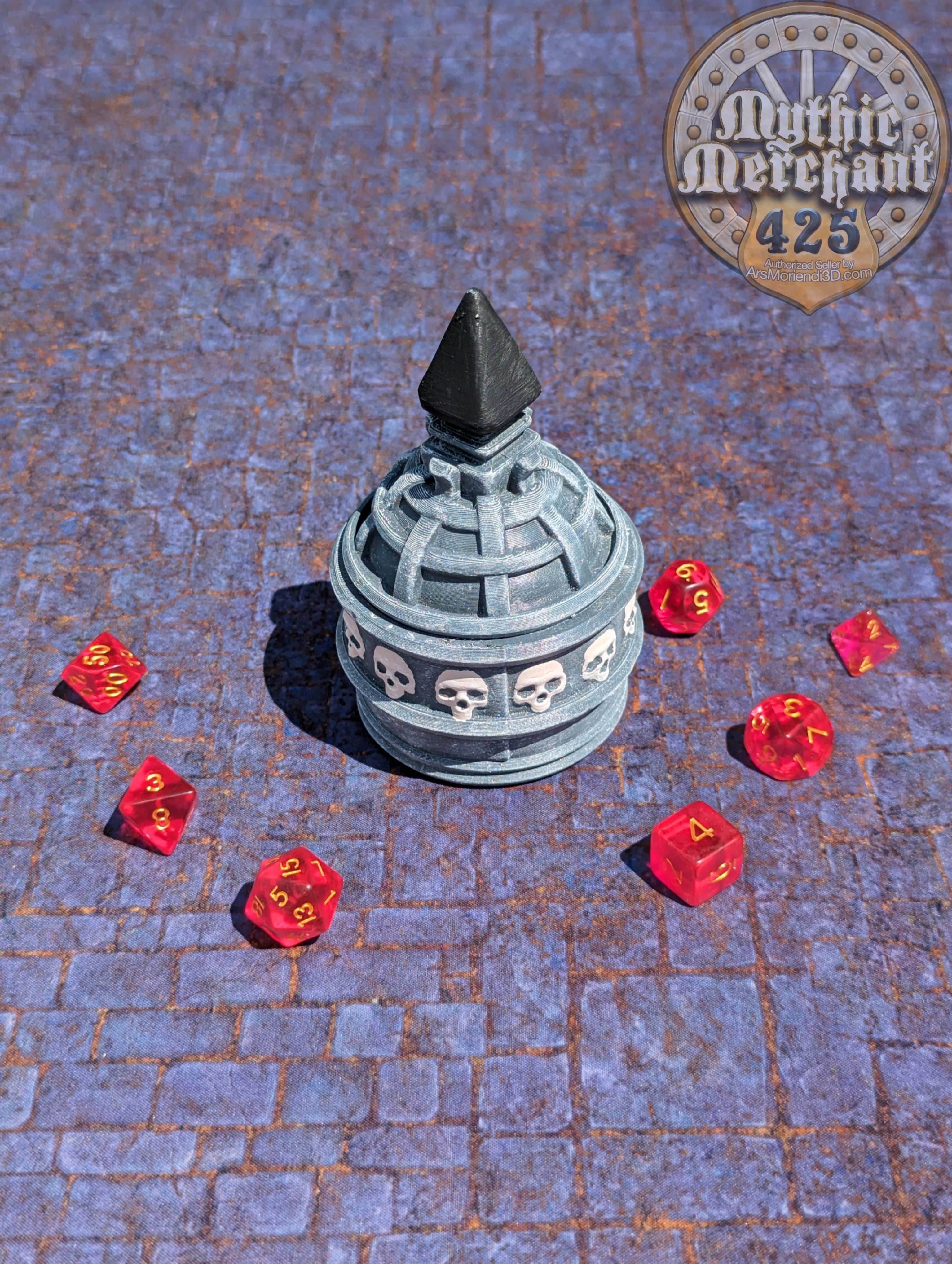 Necromancer 3D Printed Dice Jail | RPG Dice Vault | D20 Storage Box | Fantasy RPG Cosplay - Wargaming - Harness Dark Arts & Undying Spirits - Black / Yes- Include Random Dice Set