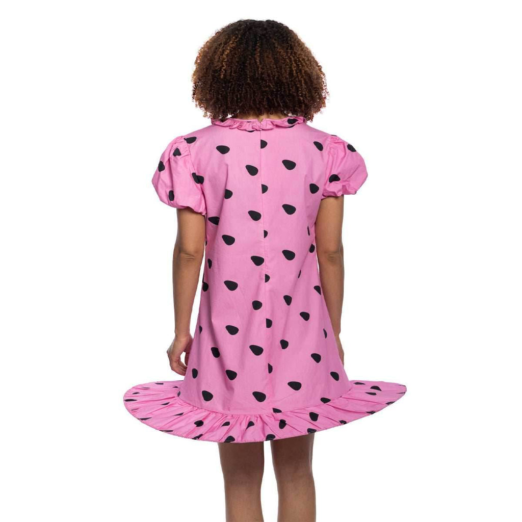 Peanuts Sally Comic Strip Halloween Costume: Pink Polka Dot Mini Dress with Puff Sleeves for Fun Cosplay - S