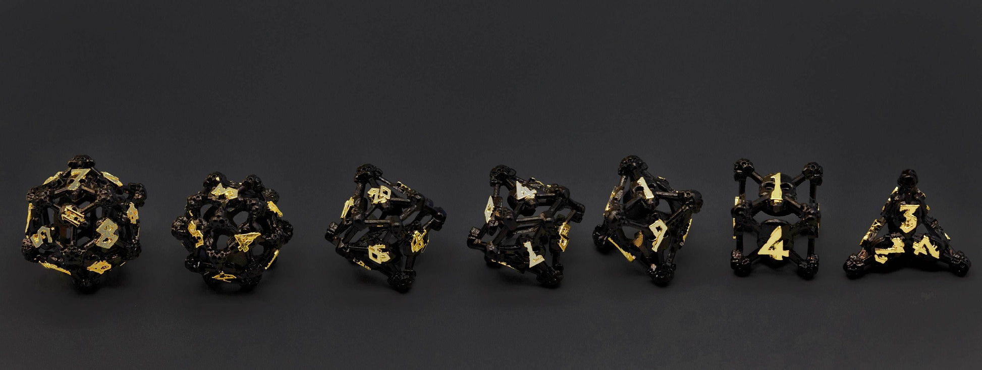 Black w/Gold Deadly Skull Dice Hollow Metal 7-Dice Set - 7-Dice Set