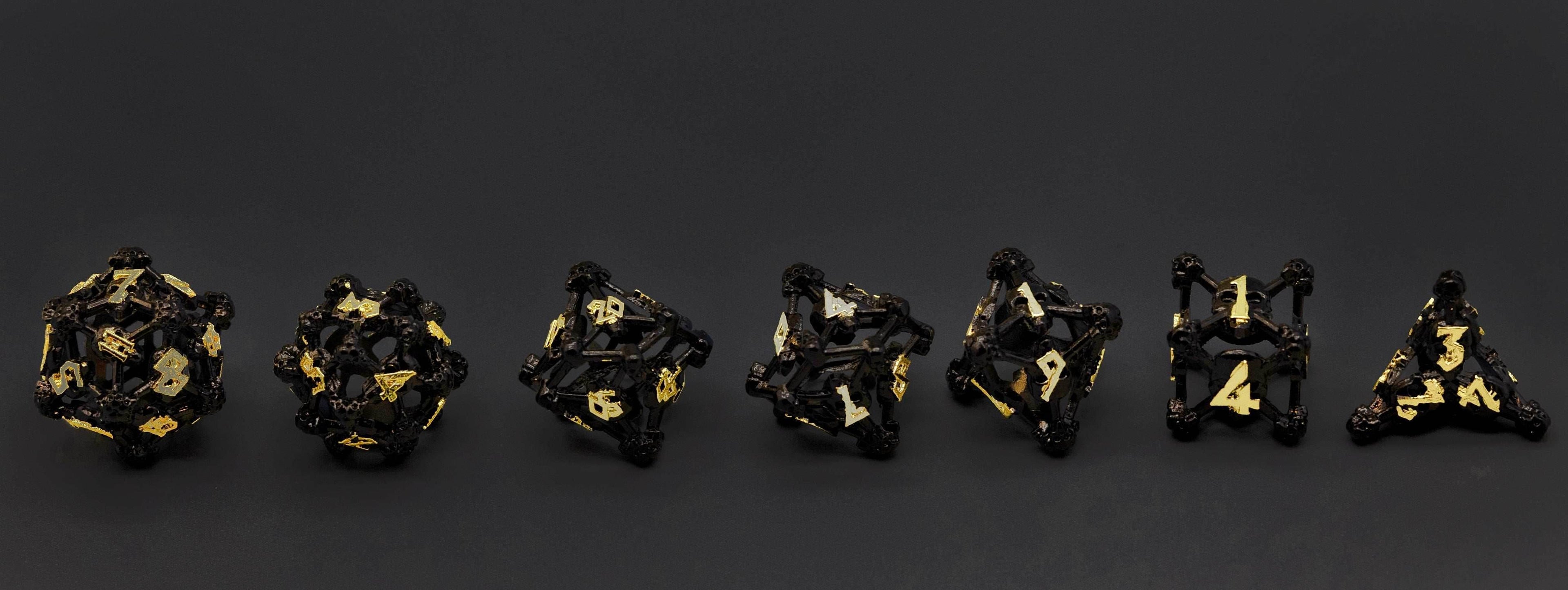 Black w/Gold Deadly Skull Dice Hollow Metal 7-Dice Set - 7-Dice Set