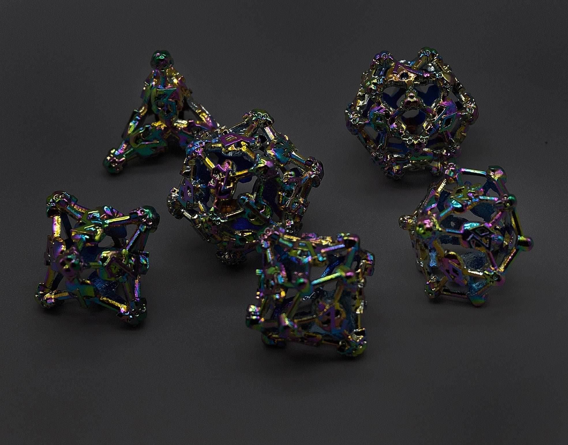 Rainbow Metal Deadly Skull Dice Hollow Metal 7-Dice Set - 7-Dice Set