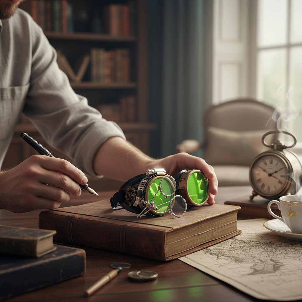 Steampunk Goggles with magnifying loupes UV glow neon orange lenses