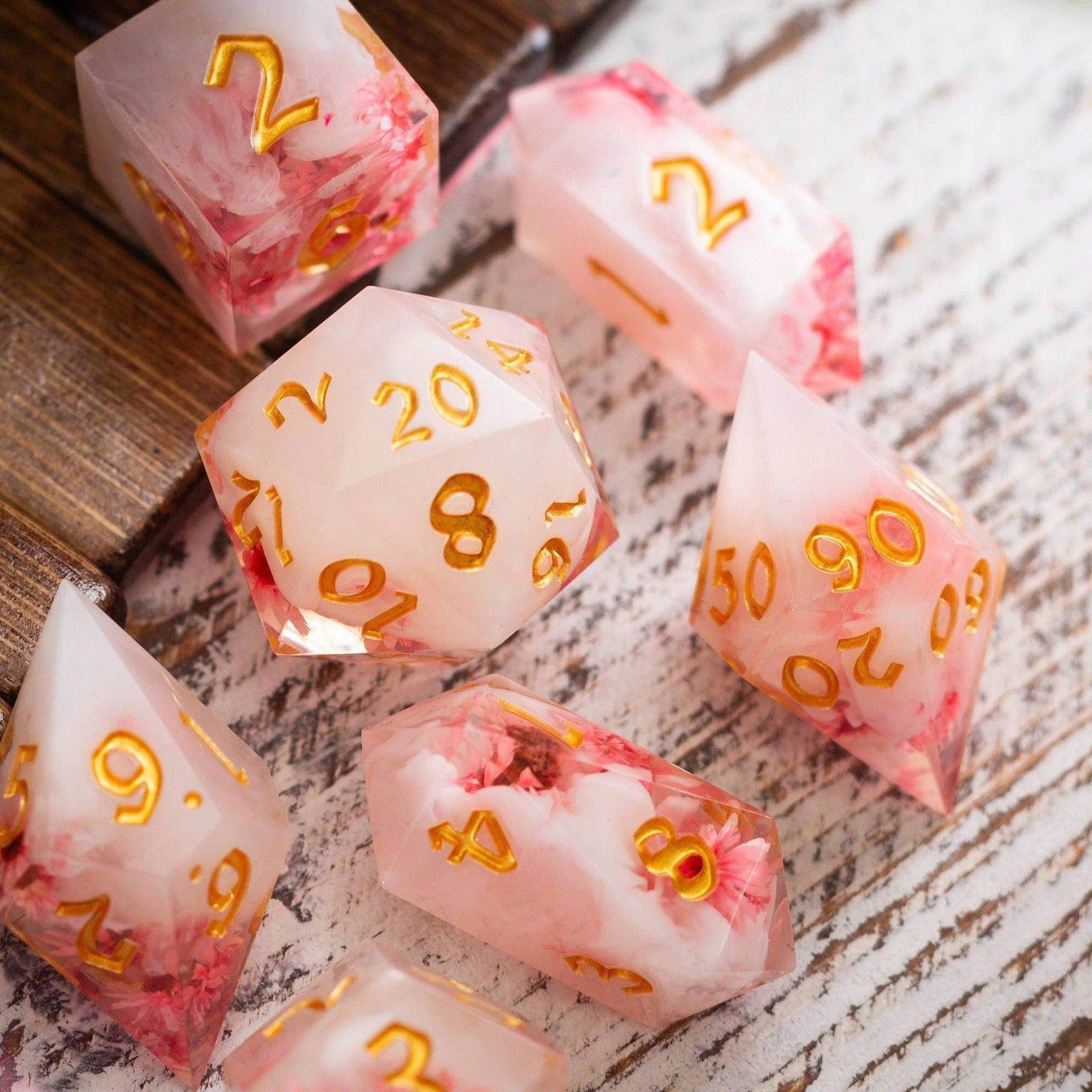 Pink Blossom Handmade Resin DND Dice Set - Full Set And Free Dice Box