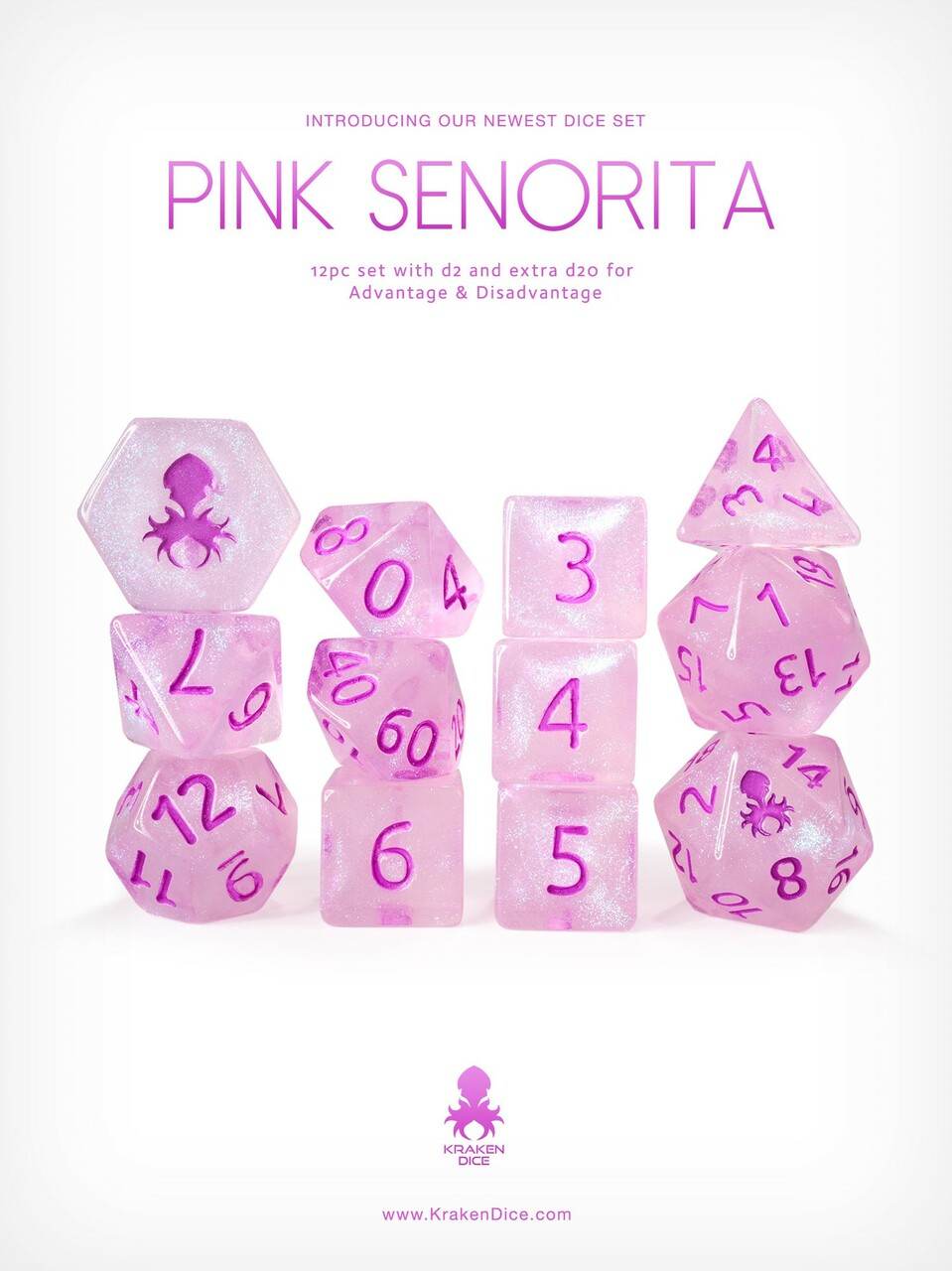 Pink Senorita 12 pc Glitter RPG Dice Set - 