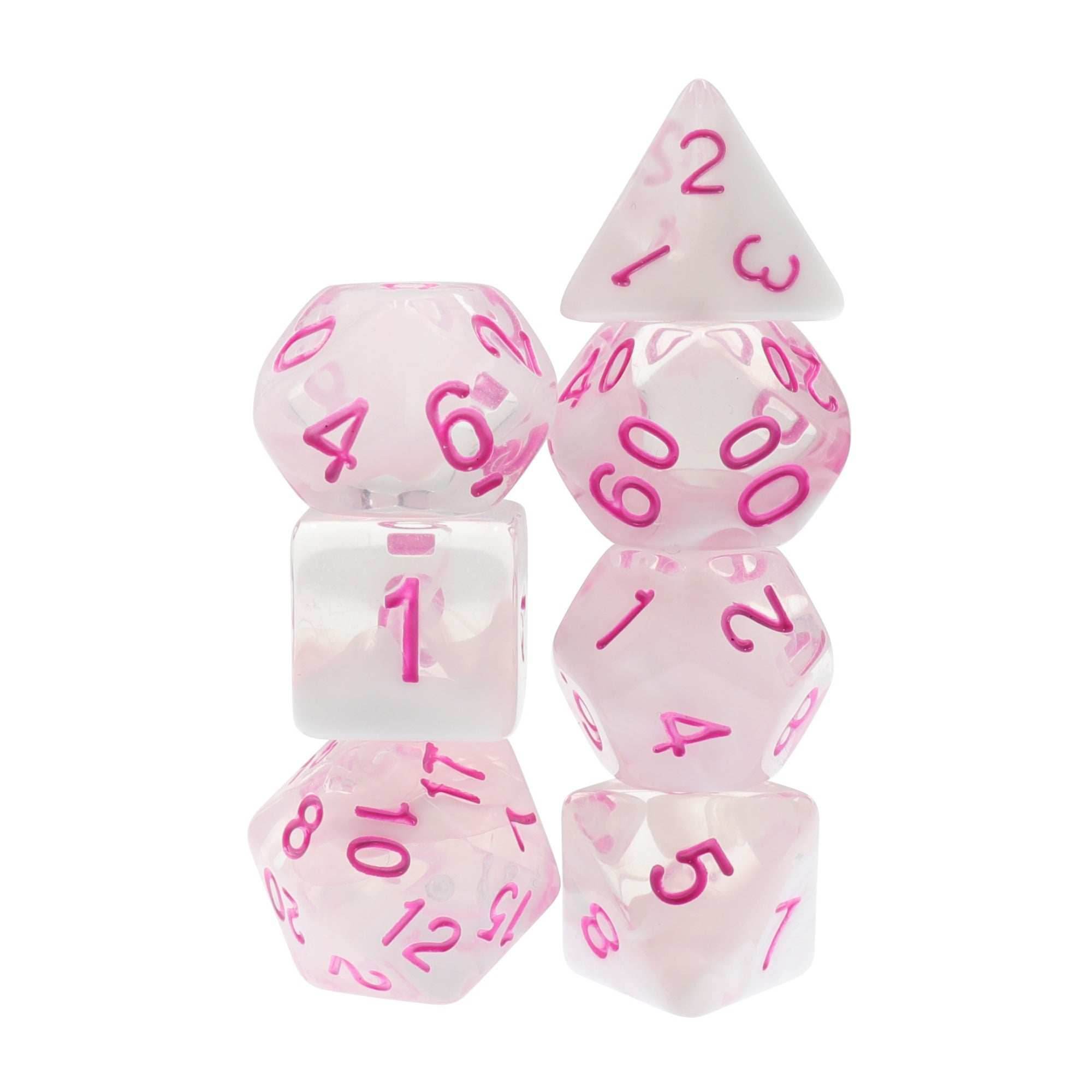 Cloudy Passion Translucent White Swirl Poly Dice Set with Pink (7) RPG DnD HdDice - 