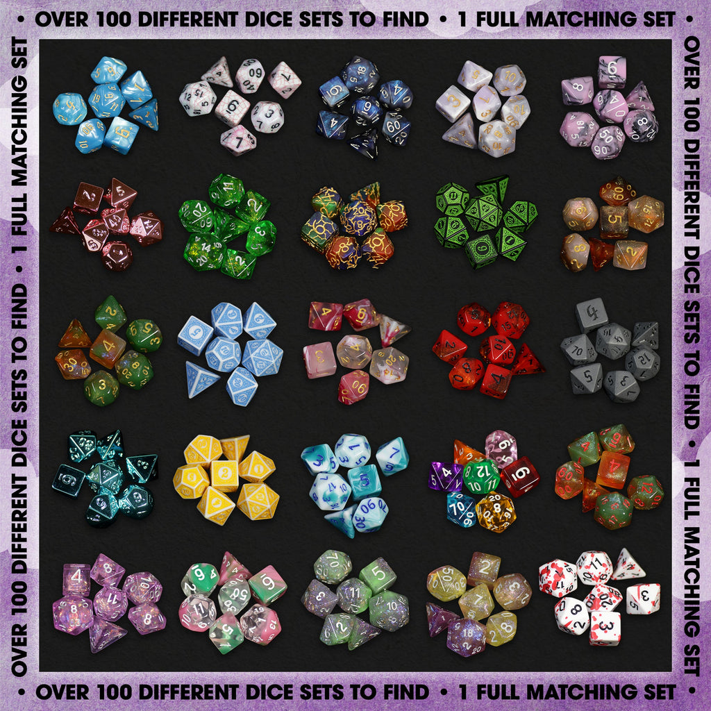 Premium Mystery Dice Set – 100's of different dice, stickers and pins! Handpacked in Portland, OR.