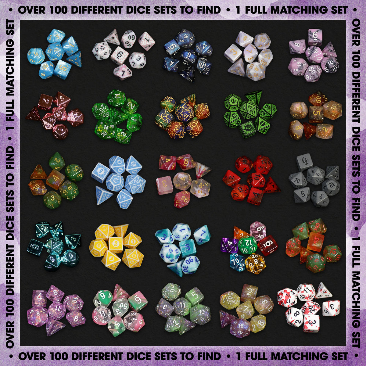Premium Mystery Dice Set – 100's of different dice, stickers and pins! Handpacked in Portland, OR.