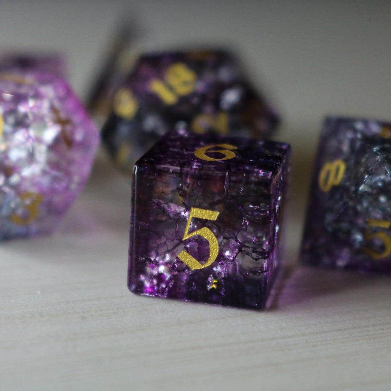 Purple Purge Forge Fire Glass DND Dice Set - Full Set And Free Dice Box