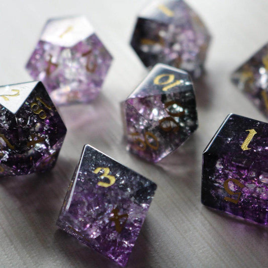 Purple Purge Forge Fire Glass DND Dice Set - Full Set And Free Dice Box