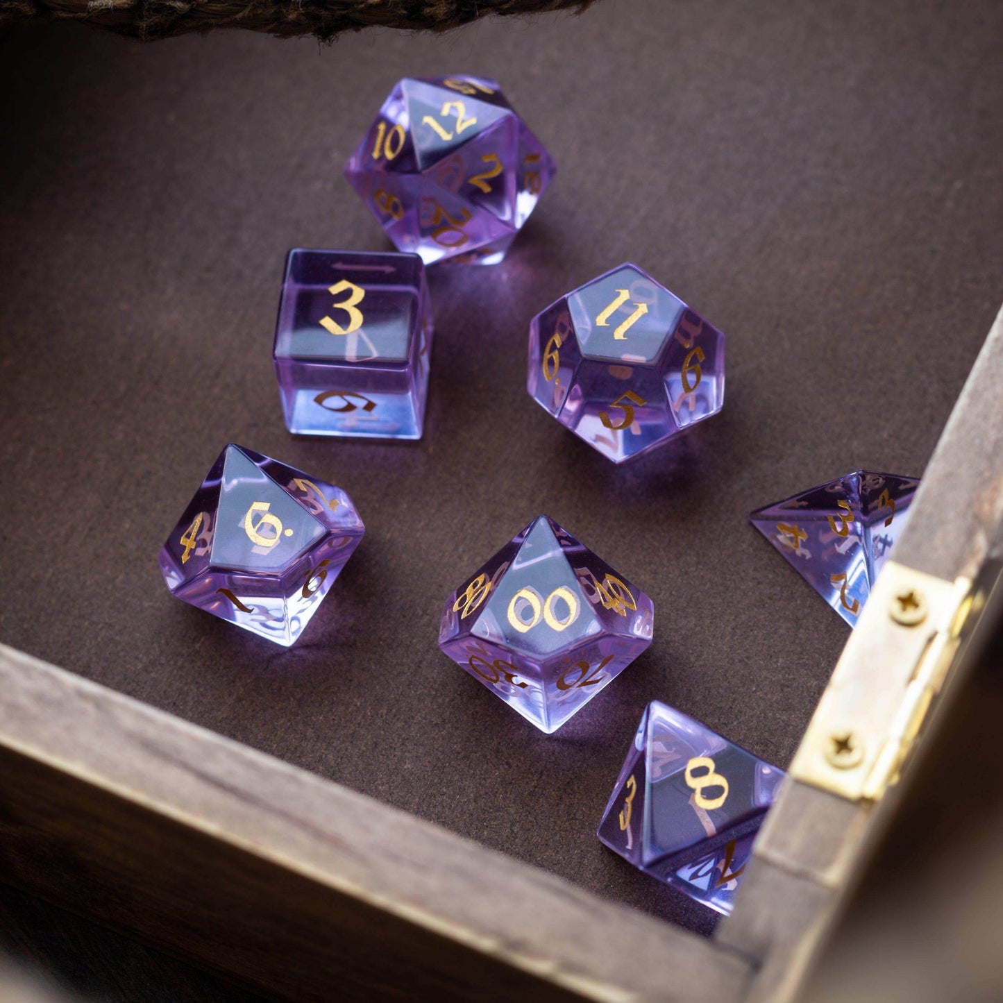 Purple Zircon Glass Hand Carved DND Dice Set - Full Set And Free Dice Box