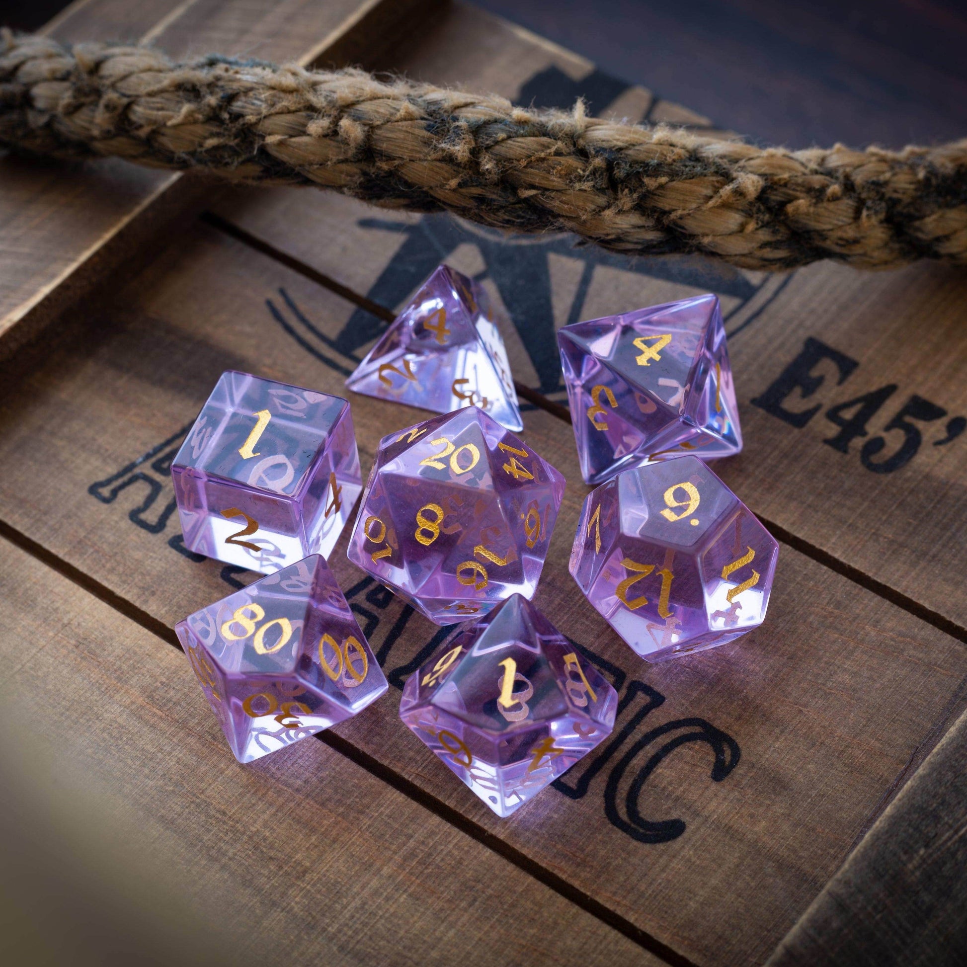 Purple Zircon Glass Hand Carved DND Dice Set - Full Set And Free Dice Box